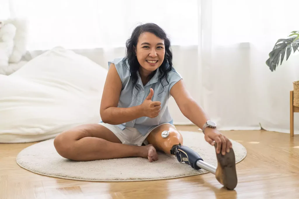 A disabled woman doing stretching exercises